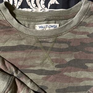 Wallflower Women’s Green and Brown Camouflage Crewneck Sweater